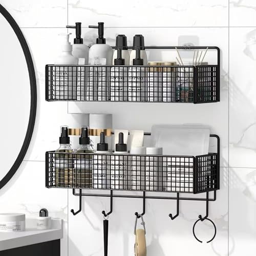 Metal Hanging Baskets 2-Pack - Wire Wall Storage Organizer with Hooks, Adhesive Shelves for Kitchen, Bathroom, Pantry (Spice Rack, Cabinet Organizer, Shower Caddy) Garage RV Black - color: Black