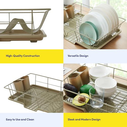 Space-Saving 3-Piece Dish Drainer Rack Set: Efficient Kitchen Organizer for Quick Drying and Storage - Includes Cutlery Holder and Drainboard - Maximize Countertop Space, Sage Green - color: Sage Green