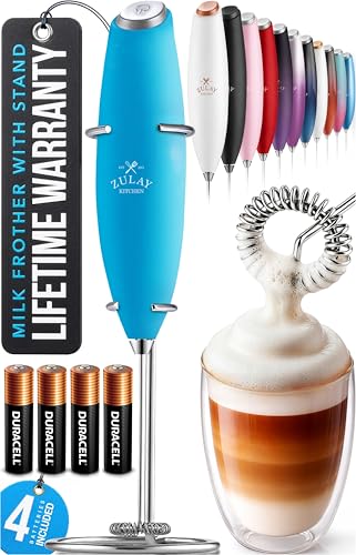 Zulay Kitchen Powerful Milk Frother Wand With Duracell Batteries - Ultra Fast Handheld Drink Mixer - Electric Whisk Foam Maker for Coffee, Lattes, Cappuccino & Matcha - Z1 Motor - Blue Teal - color: Blue Steel, size: Z1 Motor + Batteries