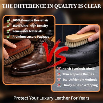 3PCS 100% Horse Hair Shoe Brush Set for Leather Boots Horsehair Brush for Polishing Cleaning Buffing Professional Shoe Shine Kit for Men Suede Boot Care Conditioner Accessories Tool