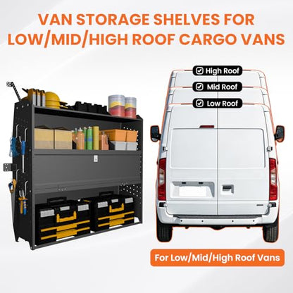 Adjustable Cargo Van Shelving with Lockable Door and Hooks, Heavy Duty Steel Storage 52" W x 46" H x 13" D, Fits Transit, ProMaster, Chevy Express, GMC Savana, Sprinter, Low/Mid/High Roof - size: 52" W x 46" H x 13" D