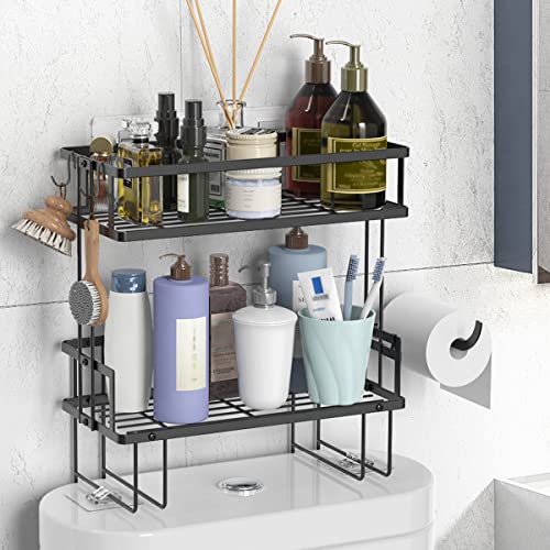 FLOLXNB Over The Toilet Storage Shelf, 2-Tier Bathroom Storage Organizer Upgrade Punch-Free Toliet Storage Shelf, Home Storage Rack with Hooks Shelf,Black - color: Black, size: 2-Tier