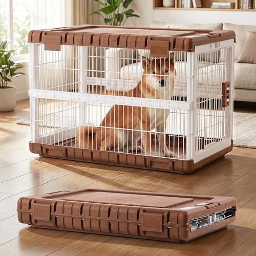 ZOMISIA Collapsible Dog Crate for Large Dogs - 36" L Heavy Duty Dog Kennel No Tools Required with 4 Sides Steel Foldable Cage for Dogs Indoor, Portable Carrier with 2 Smooth Wheels, Woodgrain - color: Woodgrain, size: 36.42 x 24.2 x 26 in