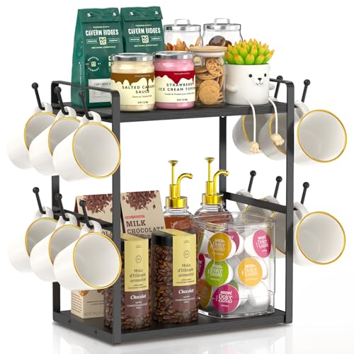 EsLuker.ly 2 Tier Coffee Mug Holder Station Bar Organizer Countertop, Mug Cup Tree Rack for Kitchen Office, Storage Shelf with 12 Hooks, Creat Stylish Coffee Corner, Black - color: Black + Black
