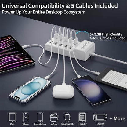 10-Port USB Charging Station 50W 10A with 5-Pack USB-A to C Cables, Ultra-Compact Multi Device Charger Block, Desktop Charging Hub Organizer for Phone, Tablet, Earbuds (White)