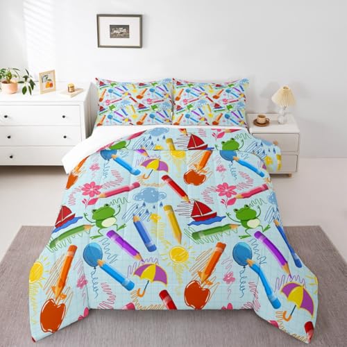Feelyou Kids Cartoon Pencil Comforter Set Queen Size, Colorful Nursery Bedding Set Cute Crayon Comforter for Kids Boys Girls Funny Art Printed Duvet Set Durable Bed Set 3Pcs - color: Multi 13, size: Queen