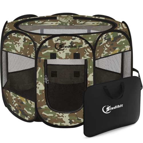 Siedihit Dog Cat Playpen, Medium Puppy Pet Playpen, Dog Crate Tent Cage Indoor/Outdoor, Portable Pop Up Dogs Kennel Playpen with Carrying Case for Dogs/Cats/Rabbits(Green Camo, Medium) - color: Green Camo