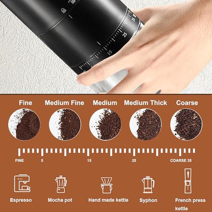 Portable Electric Coffee Grinder with 38 Adjustable Grind Settings – USB Rechargeable Stainless Steel Conical Burr, Coffee Bean Grinder for Espresso, French Press, Travel, Camping, Home & Office Use - color: Stainless Steel Black