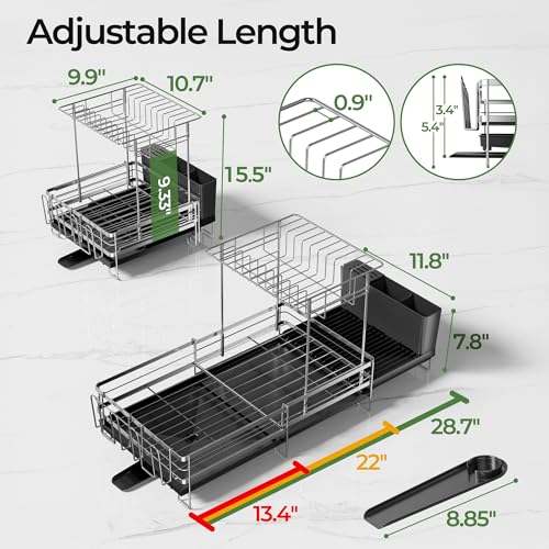 Large 2 Tier Dish Drying Rack, Extendable Dish Rack, Stainless Steel Anti-Rust Dish Rack for Kitchen Counter, Multifunctional Dish Drainer with Utensil & Cup Holder, 13.4"-28.7" L x 11.8" W - color: Silver, size: 2 Tier