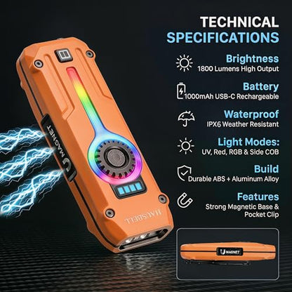 HAUSBELL Flat EDC Flashlight,1800 Lumen UV Magnetic Rechargeable Pocket | Stepless Dimming Dial,Stainless Steel Body,RGB+UV,USB-C Fast Charge,Magnetic Base,Waterproof, for Work,Camping & Emergency - color: Orange