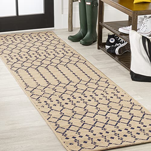 JONATHAN Y Moroccan Geometric Indoor Outdoor Runner Rug 2X8 Beige/Navy, Ourika Textured Weave for Backyard, Patio, Porch, Easy-Cleaning, High Traffic, Pet-Friendly, Non-Shedding (SMB108H-28) - color: Beige/Navy, size: 2'2" x 8' (Runner)