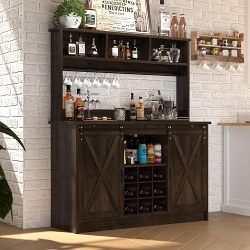 4ever2buy Farmhouse Coffee Bar Cabinet with Storage, 47” Wine Bar with Sliding Barn Doors and 3 Storage Hutch, Hutch Cabinet with 6 Hooks & 9 Wine Racks for Dining Room, Kitchen, Dark Oak - color: Oak, size: 48Inch