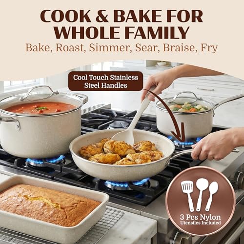 Granitestone Ceraluxe 20 Pc Ceramic Cookware Set Nonstick, Complete Pots and Pans Set Non Stick for Kitchen with Bakeware, Utensils & Steamer, Non Toxic Made Without PFOA PFOS, Oven & Dishwasher Safe - color: Cream