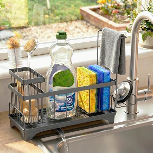 Sponge Holder for Kitchen Sink, Self-Draining Sink Caddy with Detachable Cloth & Dish Brush Rack, Metal Sponge Caddy Organizer for Kitchen Countertop Organizers and Storage Accessories, Gray - color: Gray