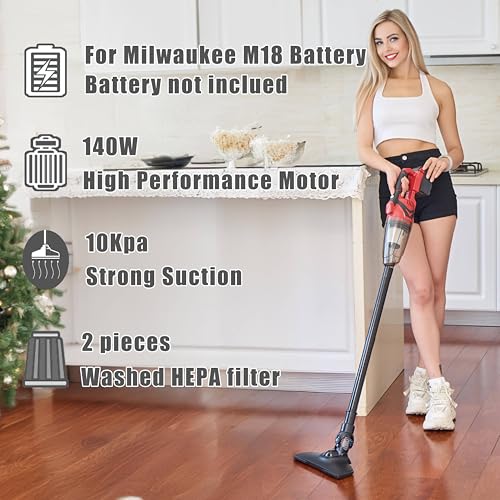 Cordless Vacuum Cleaner for Milwaukee Battery,Wireless Handheld Power Vacuum Cleaner for Home, Boat, Workshop, Car, Pet Hair, Furniture(Tool Only No Battery), Red