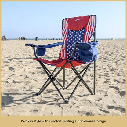 ARROWHEAD OUTDOOR 2-Pack Portable Deluxe Folding Camp Quad Chair w/Headrest, Glass & Cup Holders, Armest 6-can Cooler, Heavy Duty Carry Bag, 550 lbs Weight Capacity - color: Us Flag 2pack
