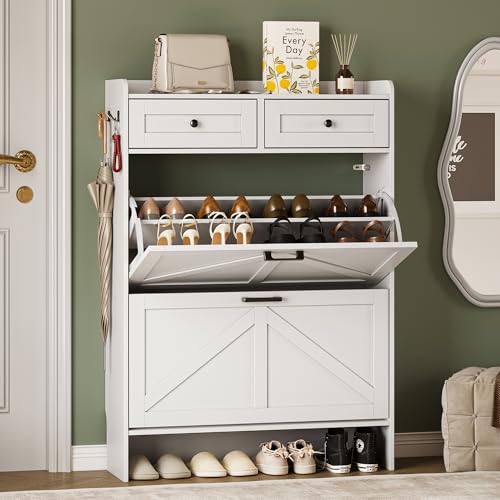 BORNOON Shoe Storage Cabinet for Entryway, Farmhouse Narrow Shoe Cabinet with 2 Flip Drawers & Top Drawers, Adjustable Shelves & Hooks, Freestanding Hidden Rack Organizer for Hallway, Foyer - color: White, size: 2 Flip Drawer