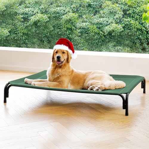 Elevated Dog Bed Raised Outdoor Dog Cot for Large Dogs, Installation Requires No Tools, Frame with Washable Cooling Breathable Mesh Anti-Slip Feet, Indoor Pet Bed, Green, 43.3 Inches - color: Green, size: L-43.3"L×31.9"W×7.9"Th
