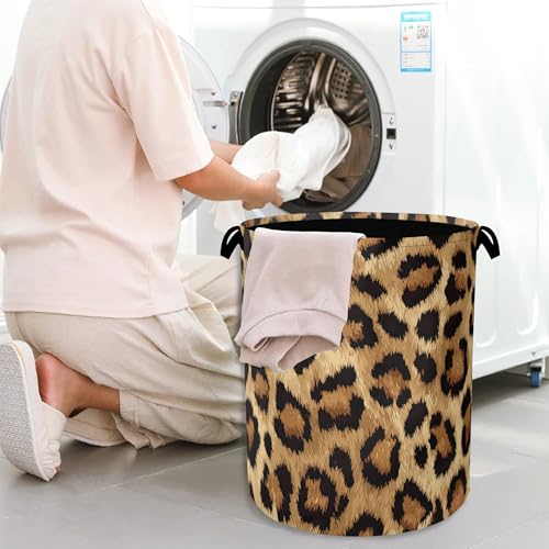 Brown Leopard Laundry Basket,Foldable with Handles Tote Bag Oxford Cloth for Bathroom Bedroom Dirty Clothes Storage Bucket 16" x 20.8" - color: Brown Leopard