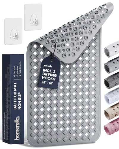 Bathtub Mat Non Slip 28x16 - homerella® Bath Mat Incl. Hooks for Drying, 100% BPA Free, Shower Mat Non Slip Anti Mold, Machine Washable, Shower Mats for Inside Shower Mildew Resistant (Grey) - color: Grey, size: 27.6" x 15.7" (Rectangular)