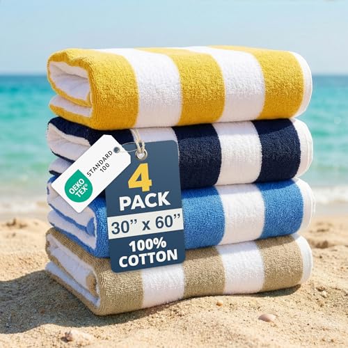 LANE LINEN Beach Towels 4 Pack - 520 GSM 100% Cotton Pool Towel for Adults – (30" x 60") Beach Towels Oversized, Thick & Highly Absorbent - Super Soft, Comfy & Quick Dry Cabana Stripe Large Towel - color: 05: Beach Haven, size: 4 Pack: 30"x60"