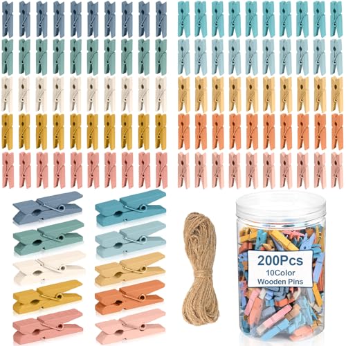 200Pcs Mini Clothes Pins Wooden Colored Small Clothespins Photo Pegs Craft Pictures Clips with Jute Twine Tiny Wood Decorative Clips for Photo Wall Home School Party Arts Projects DIY Decor (Hippie) - color: Colorful