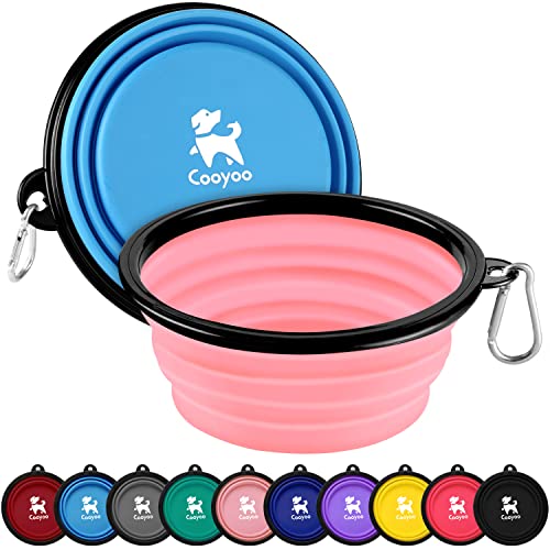 COOYOO Collapsible Dog Bowl,2 Pack Collapsible Dog Water Bowls for Cats Dogs,Portable Pet Feeding Watering Dish for Walking Parking Traveling with 2 Carabiners - color: 05#Pink+Sky Blue, size: Large