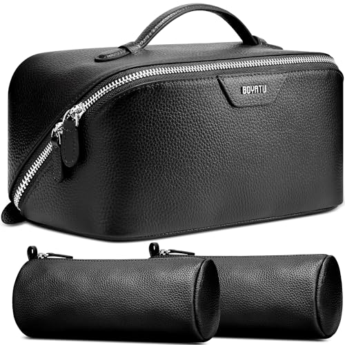 BOYATU Genuine Leather Travel Makeup Bag: Large Capacity 3 Pcs Set Cosmetic Bags for Women - Designer Waterproof Hand-made for Toiletry Organizer - Ladies Travel Essentials for Elegance (02Black) - color: 02Black