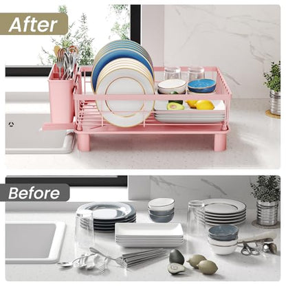 SNTD Dish Drying Rack - Small Dish Rack for Kitchen Counter, Stainless Steel Dish Drainer with Utensil Holder and Drainboard, 11" W x 15" L (Pink) - color: Pink, size: 11" W x 15" L