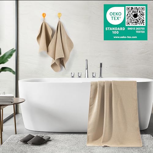 POLYTE 430 GSM Microfiber Quick Dry Lint Free Oversize Bath Towel Set, 6 Piece (Waffle Weave) - color: Beige