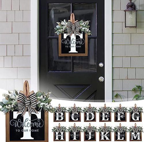 Last Name All Year Round Front Door Wreath with 26 Initial Letter Welcome Sign All Seasons Eucalyptus Garland and Bow ，Farmhouse, Porch, for Spring Summer Fall All Seasons Holiday Halloween Christmas.（T） - color: T
