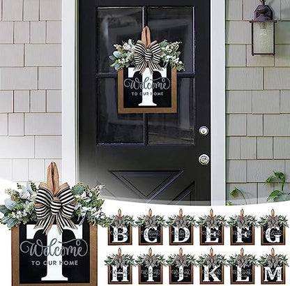 Last Name All Year Round Front Door Wreath with 26 Initial Letter Welcome Sign All Seasons Eucalyptus Garland and Bow ，Farmhouse, Porch, for Spring Summer Fall All Seasons Holiday Halloween Christmas.（T） - color: T