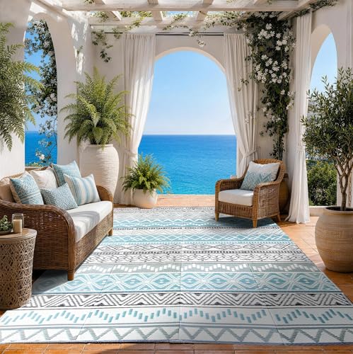 Outdoor Rug Waterproof 5 x 8 ft, Reversible Plastic Straw Rug for Patio, Large Outdoor Carpet for RV, Patio, Camping, Backyard, Deck, Picnic, Beach, Blue & Grey - color: Blue/Grey, size: 5'x8'