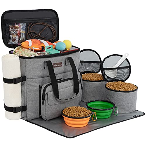 Modoker Dog Travel Organizer with 2 Collapsible Bowls for Supplies & Accessories, Airline Approved Dog Tote Pet Travel Bag with 2 Travel Food Container - color: Soft Grey