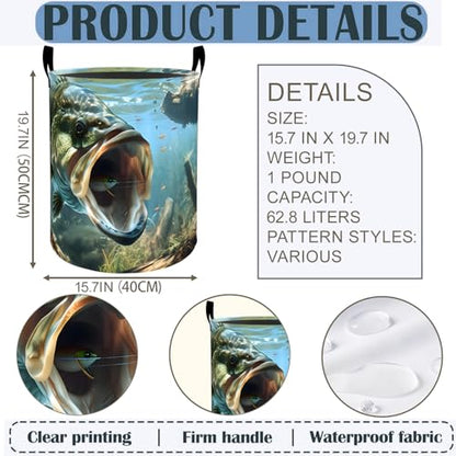 Fishing Laundry Basket Hamper 19.7"x15.8", Bass Foldable Waterproof Oxford Clothes Storage Bucket for Room Bathroom Bedroom Nursery Decor, Toy Organizer Bins Gifts for Kids Boys Girls - style: Fishing