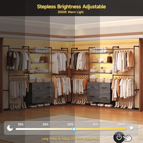 T3 Closet System with Stepless Dimmable LED Light, Industrial Pipe Clothing Rack with 4 Drawers, 6 Wooden Shelves & 4 Telescopic Rods, Heavy Duty Closet Organizers in Wardrobe Closet (Black Gray Oak) - color: Black Gray Oak