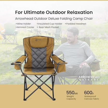 ARROWHEAD OUTDOOR 2-Pack Portable Deluxe Folding Camp Quad Chair w/Headrest, Glass & Cup Holders, Armest 6-can Cooler, Heavy Duty Carry Bag, 550 lbs Weight Capacity - color: Brown 2pack