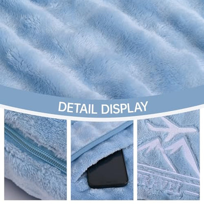 Travel Blanket and Pillow-2-in-1, Ultra-Soft&Compact, One-Piece Airplane Blanket with Hand Luggage Belt and Backpack Clip,Travelers Accessories Gifts, 61x43 Inches (Blue) - color: Blue