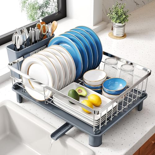 SNTD Dish Drying Rack - Small Dish Rack for Kitchen Counter, Stainless Steel Dish Drainer with Utensil Holder and Drainboard, 11" W x 15" L (Silver) - color: Silver, size: 11" W x 15" L