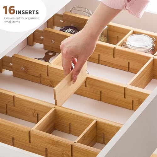 Bamboo Drawer Dividers with Inserts kitchen drawer organizer Adjustable Expandable 8 Pack Organizer Set for Kitchen Bedroom Bathroom Office 8 Dividers with 16 Inserts (Natural, Large (18-22.5IN)) - size: Large (18-22.5IN)