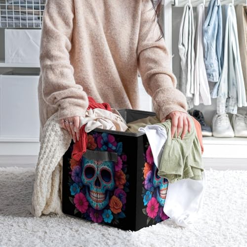 Sugar Skull Flowers Foldable Storage Box with Handle Organizer Containers for Home Office Clothes Office Supplies - color: style-7