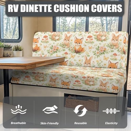 Fox Rabbit Mushroom Floral Print RV Dinette Cushion Covers Camper Sofa Cushion Cover Stretchable RV Dinette Seat Covers 2Pcs with Backrest & Bench Cover 2Sets - color: Fox Rabbit Mushroom Floral