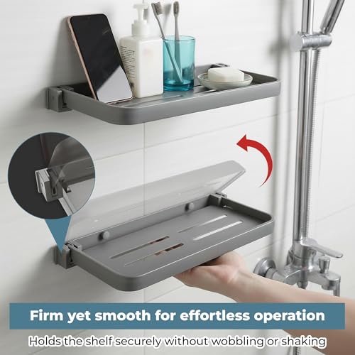 2 Pack RV Aluminum Folding Shelf for Travel Trailers, Floating Foldable Shelves Small Wall-Mounted Fold Up Down for Camper Accessories & Space-Saver, Bathroom Storage Organizer with Screws 11x5 inch