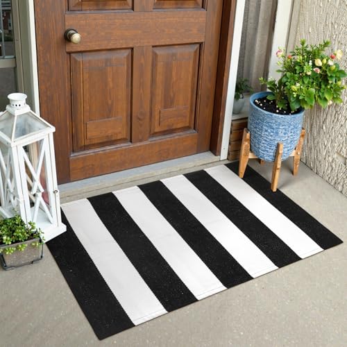 Collive Black and White Striped Outdoor Rug 24"x 35", Washable Front Door Mat, Cotton Woven Farmhouse Front Porch Rug Decor, Layered Door Mats Outdoor, Spring Rug for Entryway Kitchen - color: Black and White, size: 2' x 3' (Rectangular)
