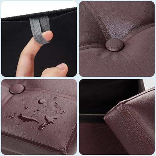 Bsketa Storage Ottoman Foot Rest Stool, Small Leather Storage Ottomans Bench, Folding Footstool with Side Pockets, Foot Rest Under Desk for Living Room Bedroom, 17x13x13 in, Brown - color: Brown-with Side Pockets.