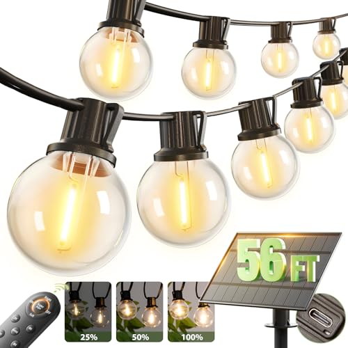addlon 56FT(50+6) Solar String Lights Outdoor with Remote, 27 Shatterproof G40 Bulbs, Solar Powered & USB Charging Patio Lights, Dimmable Waterproof Solar String Lights for Outside, Camping, Backyard - size: 50FT
