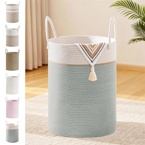 58L Tall Cotton Rope Laundry Basket with Handles, Sage Green | Storage Bin for Clothes, Blankets & Kids Toys, Boho Woven Hamper, Portable Organizer for Nursery, Bedroom, Living Room - color: Sage Green, size: 58L