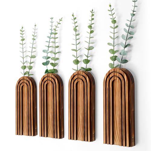 Ziliny 4 Pack Wall Planter Indoor Decor Plant Holders Boho Wood Hanging Vases for Modern Farmhouse Living Room Bedroom Rainbow Decor (Dark Brown) - color: Dark Brown
