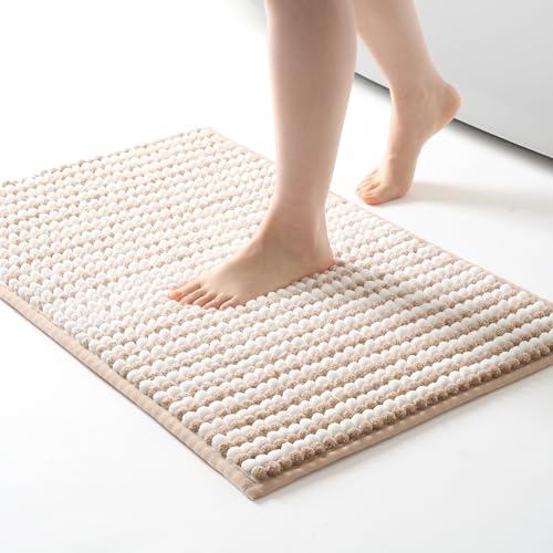 FRESHMINT Chunky Ombre Chenille Bathroom Rug 20"x32", Water Absorbent Soft Bath Rugs for Bathroom Floor, Thick Non Slip Bath Mat Washable Quick Dry Shower Mats, Beige and White - color: Beige+white, size: 32" x 20" (Rectangular)