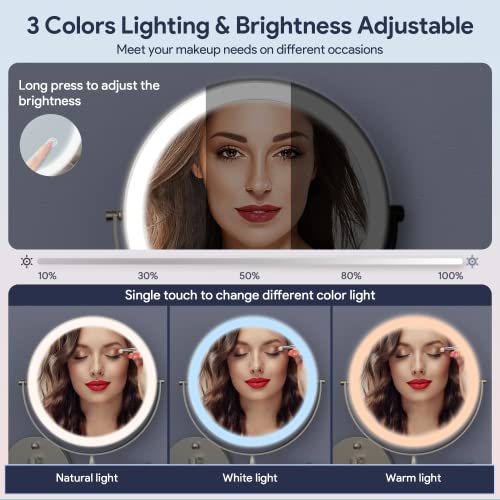 Rocollos Rechargeable Wall Mounted Lighted Makeup Mirror, 8 Inch Double-Sided LED Vanity Mirror 1X/10X Magnification,3 Color Lights Touch Screen Dimmable 360°Swivel 13 Inch Extendable - color: 8 Inch Nickel